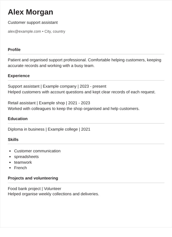 Compact CV layout with fictional sample details