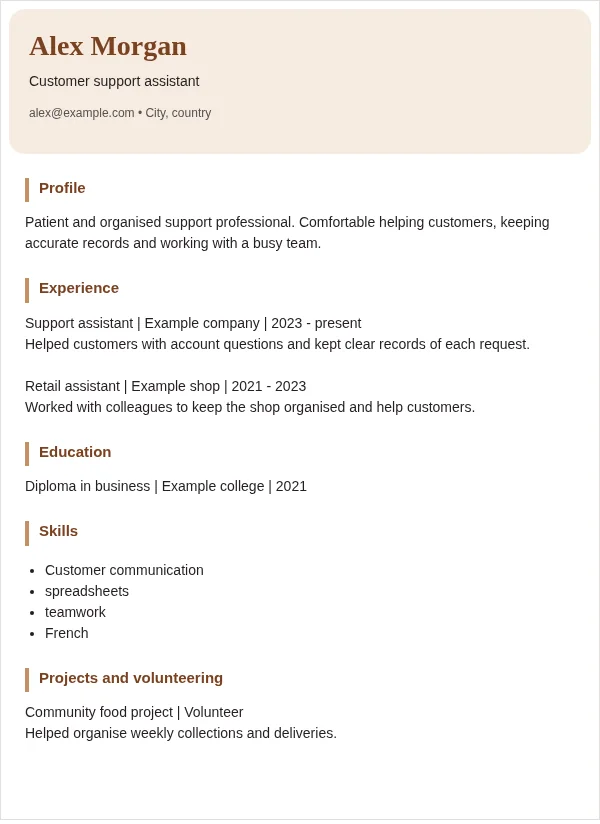 Creative CV layout with fictional sample details