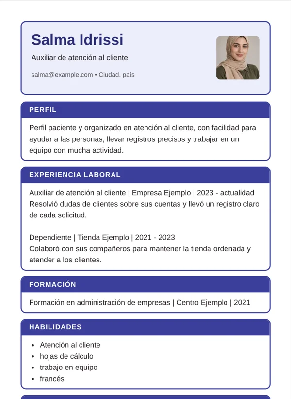 Marcos diseño de CV con datos de ejemplo ficticios