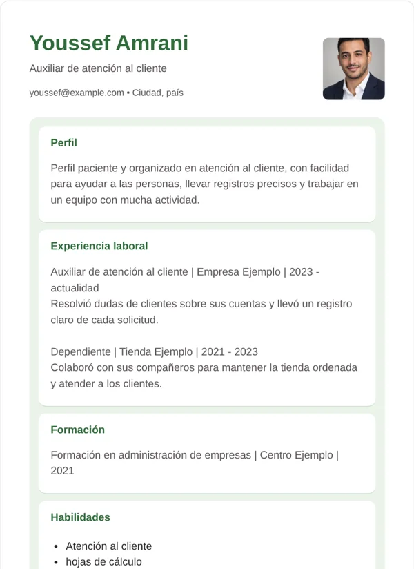Tarjetas diseño de CV con datos de ejemplo ficticios