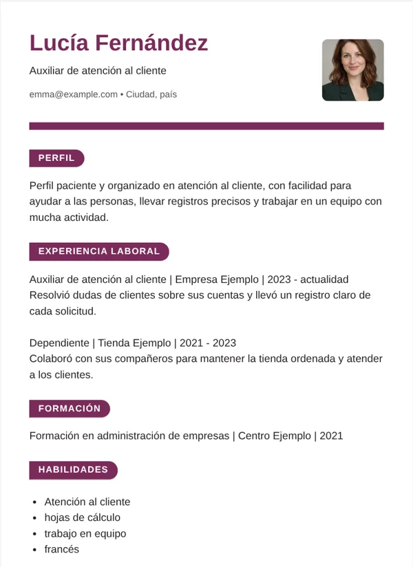 Cinta diseño de CV con datos de ejemplo ficticios