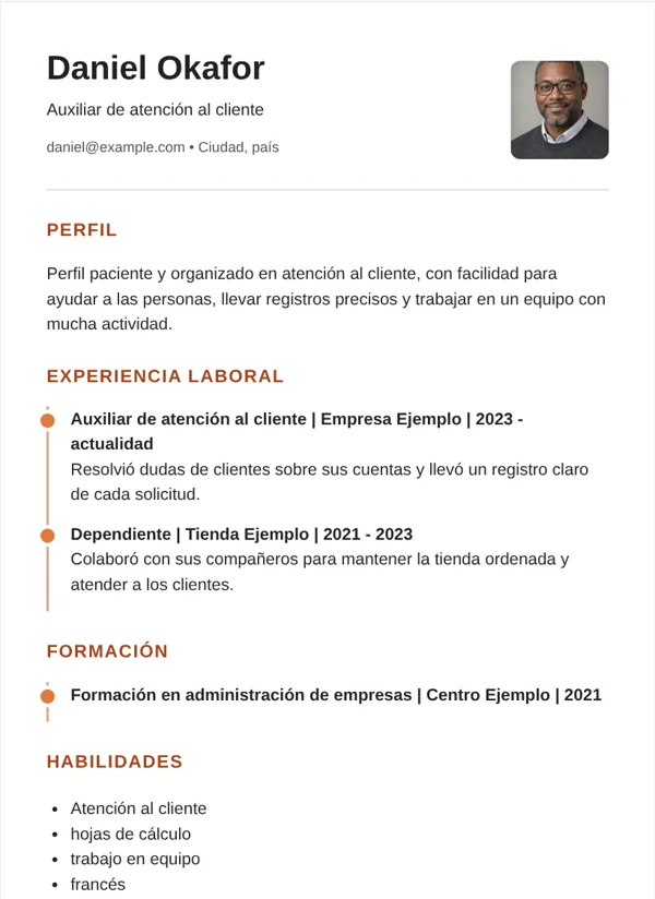Línea de tiempo diseño de CV con datos de ejemplo ficticios