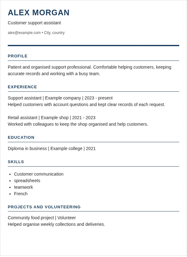 Executive CV layout with fictional sample details