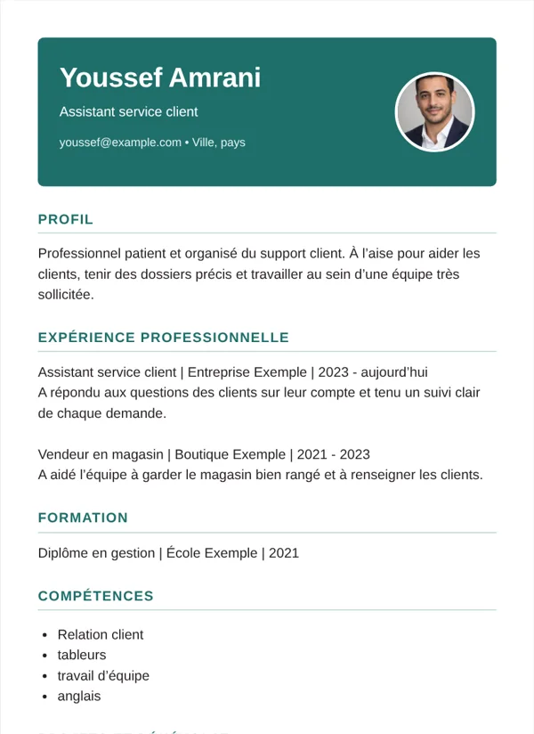 Bandeau modèle de CV avec des informations d’exemple fictives