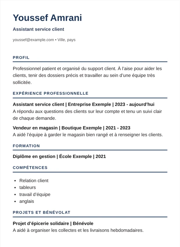 Canada modèle de CV avec des informations d’exemple fictives