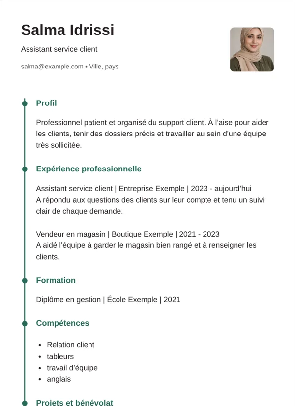 Chronologie modèle de CV avec des informations d’exemple fictives