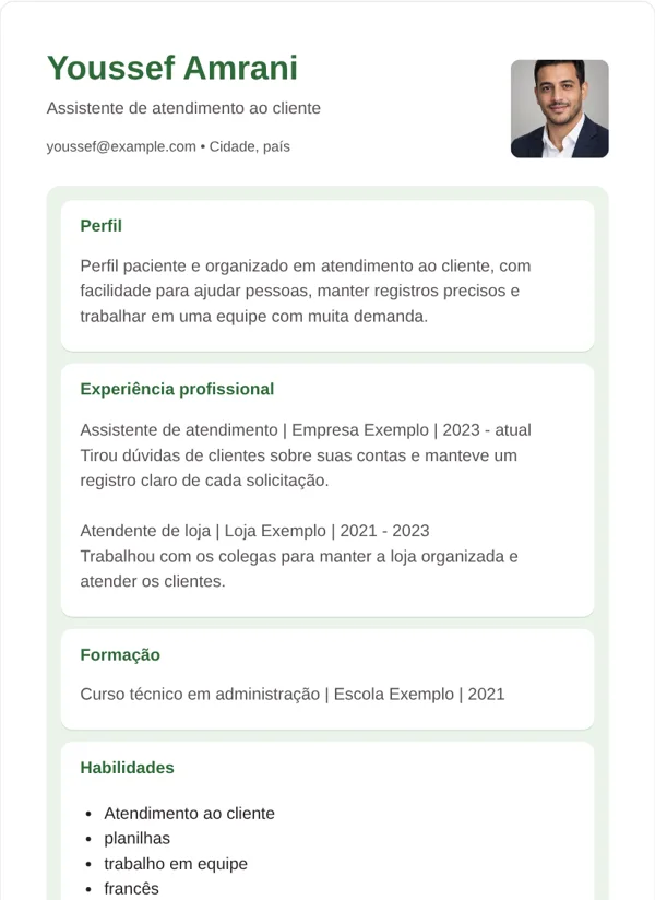 Cartões modelo de CV com dados de exemplo fictícios