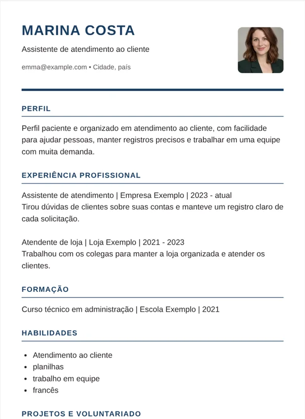 Executivo modelo de CV com dados de exemplo fictícios