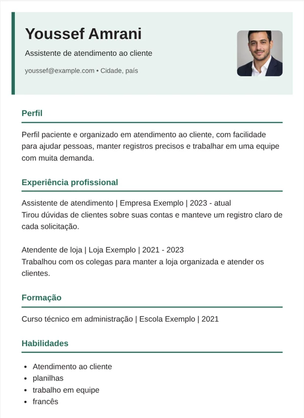 Moderno modelo de CV com dados de exemplo fictícios