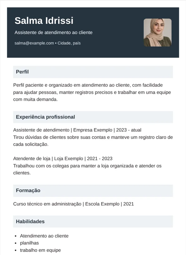 Ardósia modelo de CV com dados de exemplo fictícios