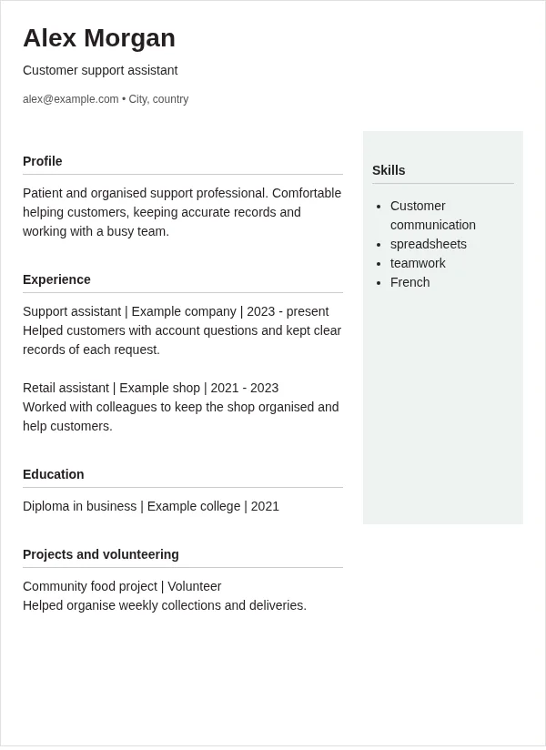 Sidebar CV layout with fictional sample details