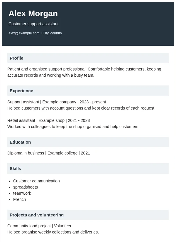 Slate CV layout with fictional sample details